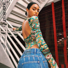 Load image into Gallery viewer, Cryptographic Long Sleeve Print Backless Sexy Bodysuit Women Summer Streetwear Rave Festival Outfit Skinny Body Suits Clubwear