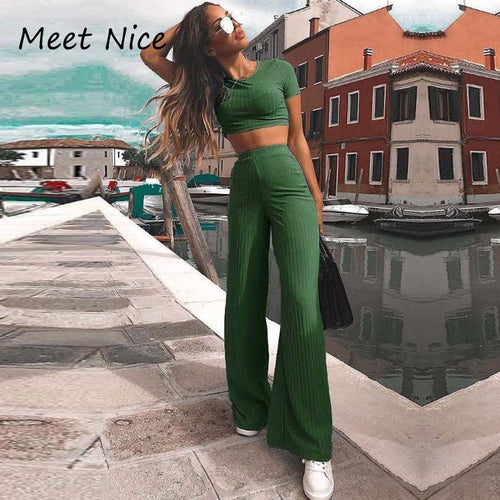 2 Two Piece Set Women Ribbed O Neck Crop Top and Long Pants Set Sexy Autumn Short Sleeve Tracksuit Women Conjunto Feminino 2021