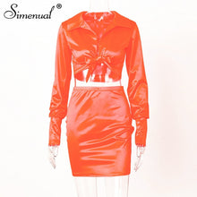 Load image into Gallery viewer, Simenual Sexy Fashion Satin Matching Sets Women V Neck Party Hot Silk 2 Piece Outfits Long Sleeve Bandage Crop Top And Skirt Set