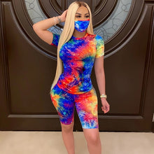 Load image into Gallery viewer, Women Tie Dye Sports Clothing Sets Lady Pullover Short Sleeve O Neck T Shirt Top + High Waist Knee Length Shorts