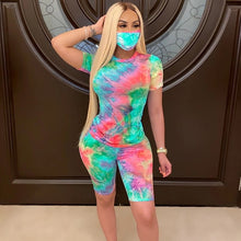 Load image into Gallery viewer, Women Tie Dye Sports Clothing Sets Lady Pullover Short Sleeve O Neck T Shirt Top + High Waist Knee Length Shorts