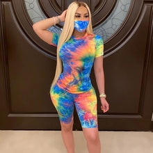 Load image into Gallery viewer, Women Tie Dye Sports Clothing Sets Lady Pullover Short Sleeve O Neck T Shirt Top + High Waist Knee Length Shorts