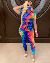 Load image into Gallery viewer, Women Tie Dye Sports Clothing Sets Lady Pullover Short Sleeve O Neck T Shirt Top + High Waist Knee Length Shorts