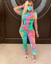 Load image into Gallery viewer, Women Tie Dye Sports Clothing Sets Lady Pullover Short Sleeve O Neck T Shirt Top + High Waist Knee Length Shorts
