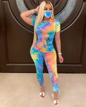 Load image into Gallery viewer, Women Tie Dye Sports Clothing Sets Lady Pullover Short Sleeve O Neck T Shirt Top + High Waist Knee Length Shorts