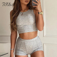 Load image into Gallery viewer, FSDA 2020 Gray Two Piece Set O Neck Sleeveless Crop Top White And Shorts Biker Casual Women Set Summer Sport Outfit Ribber