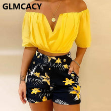 Load image into Gallery viewer, Women Off Shoulder Ruched Top &amp; Tropical Print Shorts Set Two Piece Summer Beach Suits