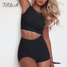Load image into Gallery viewer, FSDA 2020 Gray Two Piece Set O Neck Sleeveless Crop Top White And Shorts Biker Casual Women Set Summer Sport Outfit Ribber