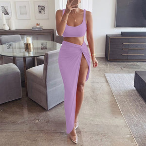 NewAsia Sexy Party 2 Piece Set Women 2019 Plus Size Crop Top Twist Side Split Long Skirts Matching Sets Club Two Piece Outfits