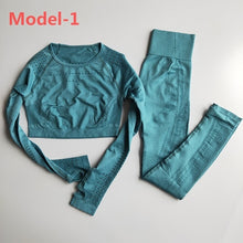 Load image into Gallery viewer, Women Seamless Gym Sets High Waist Gym Mesh Leggings Shirts Suit Long Sleeve Fitness Workout Sports Running Thin Sport Sets