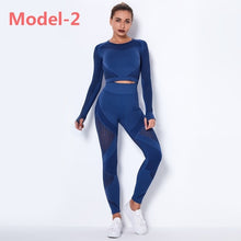 Load image into Gallery viewer, Women Seamless Gym Sets High Waist Gym Mesh Leggings Shirts Suit Long Sleeve Fitness Workout Sports Running Thin Sport Sets