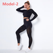 Load image into Gallery viewer, Women Seamless Gym Sets High Waist Gym Mesh Leggings Shirts Suit Long Sleeve Fitness Workout Sports Running Thin Sport Sets