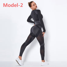 Load image into Gallery viewer, Women Seamless Gym Sets High Waist Gym Mesh Leggings Shirts Suit Long Sleeve Fitness Workout Sports Running Thin Sport Sets