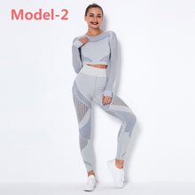 Load image into Gallery viewer, Women Seamless Gym Sets High Waist Gym Mesh Leggings Shirts Suit Long Sleeve Fitness Workout Sports Running Thin Sport Sets
