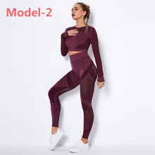 Load image into Gallery viewer, Women Seamless Gym Sets High Waist Gym Mesh Leggings Shirts Suit Long Sleeve Fitness Workout Sports Running Thin Sport Sets