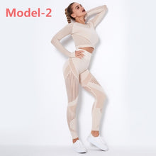Load image into Gallery viewer, Women Seamless Gym Sets High Waist Gym Mesh Leggings Shirts Suit Long Sleeve Fitness Workout Sports Running Thin Sport Sets