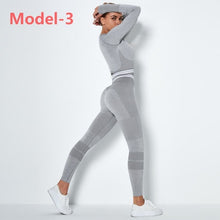 Load image into Gallery viewer, Women Seamless Gym Sets High Waist Gym Mesh Leggings Shirts Suit Long Sleeve Fitness Workout Sports Running Thin Sport Sets