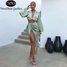 Load image into Gallery viewer, NewAsia  Satin Two Piece Set Women Autumn Long Lantern Sleeve Crop Top High Split Long Skirts 2 Piece Set Green Party Clothes