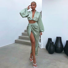Load image into Gallery viewer, NewAsia  Satin Two Piece Set Women Autumn Long Lantern Sleeve Crop Top High Split Long Skirts 2 Piece Set Green Party Clothes