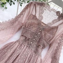 Load image into Gallery viewer, Spring Autumn 2020 New Elegant Slim v-neck Mesh Dress Women Sweet Hollow Out Lace Dress High Waist Two Peices Women's Sets Mh547