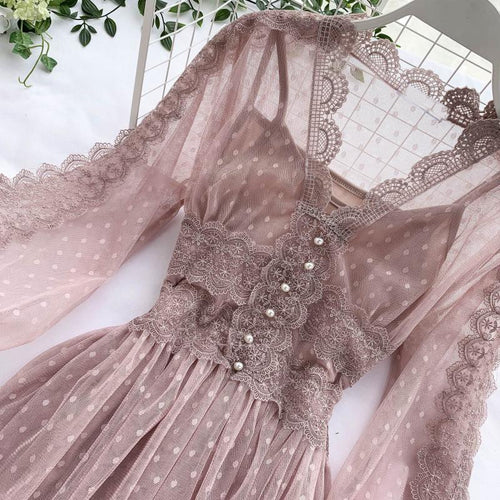 Spring Autumn 2020 New Elegant Slim v-neck Mesh Dress Women Sweet Hollow Out Lace Dress High Waist Two Peices Women's Sets Mh547