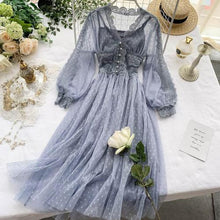 Load image into Gallery viewer, Spring Autumn 2020 New Elegant Slim v-neck Mesh Dress Women Sweet Hollow Out Lace Dress High Waist Two Peices Women's Sets Mh547