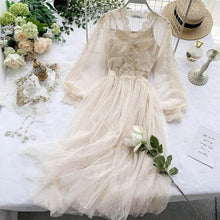 Load image into Gallery viewer, Spring Autumn 2020 New Elegant Slim v-neck Mesh Dress Women Sweet Hollow Out Lace Dress High Waist Two Peices Women's Sets Mh547