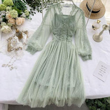 Load image into Gallery viewer, Spring Autumn 2020 New Elegant Slim v-neck Mesh Dress Women Sweet Hollow Out Lace Dress High Waist Two Peices Women's Sets Mh547