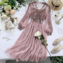 Load image into Gallery viewer, Spring Autumn 2020 New Elegant Slim v-neck Mesh Dress Women Sweet Hollow Out Lace Dress High Waist Two Peices Women's Sets Mh547