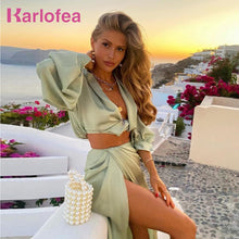 Load image into Gallery viewer, Karlofea 2 Piece Set Women Summer Beach Vacation Outfits Sexy Cropped Blouse Shirts High Split Long Skirt Matching Suit Clothes
