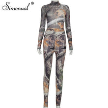 Load image into Gallery viewer, Simenual Mesh Aesthetic Print Sexy Long Sleeve Co-ord Sets Women Bodysuit And Leggings Party Transparent Skinny Two Piece Outfit