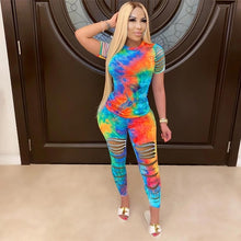Load image into Gallery viewer, Women Tie Dye Sports Clothing Sets Lady Pullover Short Sleeve O Neck T Shirt Top + High Waist Knee Length Shorts