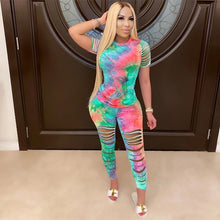 Load image into Gallery viewer, Women Tie Dye Sports Clothing Sets Lady Pullover Short Sleeve O Neck T Shirt Top + High Waist Knee Length Shorts