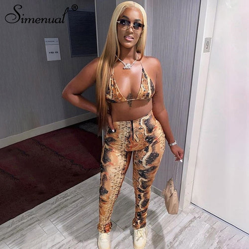 Simenual Sexy Hot Club Bodycon Women Two Piece Sets Bralette And Leggings Zipper Party Fashion Printed Sleeveless Co-ord Outfits