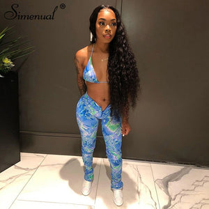 Simenual Sexy Hot Club Bodycon Women Two Piece Sets Bralette And Leggings Zipper Party Fashion Printed Sleeveless Co-ord Outfits
