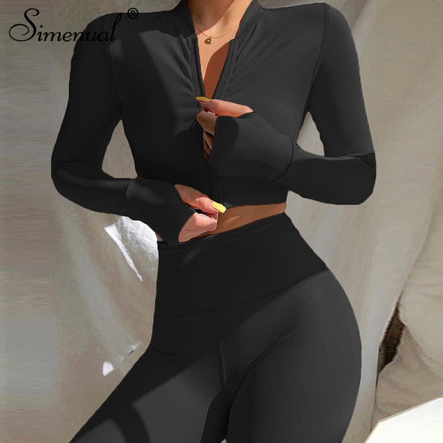 Simenual Sporty Fitness Casual Women Two Piece Sets Long Sleeve Workout Active Wear Bodycon Zipper Top And Leggings Tracksuits