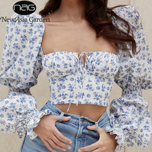Load image into Gallery viewer, NewAsia Floral Top Women White Sweet Square Neck Long Puff Sleeve Ruched Drawstring Crop Top Autumn Woman Party Blouse 2020 New