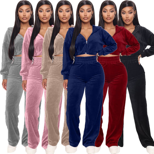 10YT3250 Autumn Winter Women Outdoor Casual Sports Solid Velvet Two Piece Set Top and Pants Tracksuit Sweatsuit Outfits