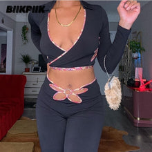 Load image into Gallery viewer, BIIKPIIK Hollow Out Flowers Skinny Two Piece Sets Casual Lounge Wear Long Sleeve Autumn Black Sportwear Female Elegant Suits