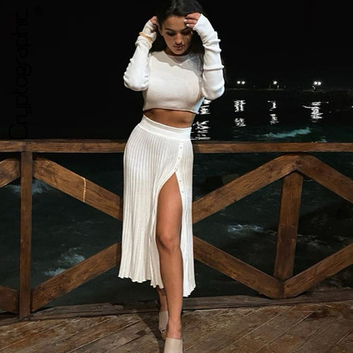 Cryptographic Solid Sexy Sweater Cropped Top Midi Skirt Two Piece Set Women Matching Set Outfits Button Up Split Skirts Winter