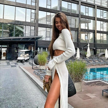 Load image into Gallery viewer, Cryptographic Solid Sexy Sweater Cropped Top Midi Skirt Two Piece Set Women Matching Set Outfits Button Up Split Skirts Winter