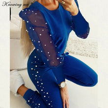 Load image into Gallery viewer, Women Tracksuit  Autumn Cold Shouder Tops High Waist Bandage Pants 2Pcs Set Lady Winter beads Long sleeve Suits dropshipping
