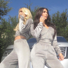 Load image into Gallery viewer, Dulzura Velvet Women 3 Piece Set Hoodie Sweatshirt Zipper Tube Crop Top High Waist Wide Leg Pants Tracksuit Sporty Casual Outfit