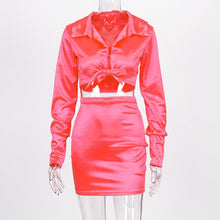 Load image into Gallery viewer, Simenual Sexy Fashion Satin Matching Sets Women V Neck Party Hot Silk 2 Piece Outfits Long Sleeve Bandage Crop Top And Skirt Set