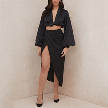 Load image into Gallery viewer, NewAsia  Satin Two Piece Set Women Autumn Long Lantern Sleeve Crop Top High Split Long Skirts 2 Piece Set Green Party Clothes