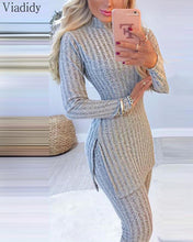 Load image into Gallery viewer, Women Winter 2pcs Suit Long Sleeve Ribbed Slit Long Top and High Waist Knitted Pencil Pants Set