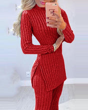 Load image into Gallery viewer, Women Winter 2pcs Suit Long Sleeve Ribbed Slit Long Top and High Waist Knitted Pencil Pants Set