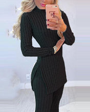 Load image into Gallery viewer, Women Winter 2pcs Suit Long Sleeve Ribbed Slit Long Top and High Waist Knitted Pencil Pants Set