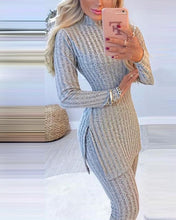 Load image into Gallery viewer, Women Winter 2pcs Suit Long Sleeve Ribbed Slit Long Top and High Waist Knitted Pencil Pants Set