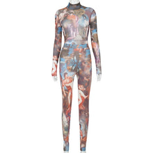 Load image into Gallery viewer, Simenual Mesh Aesthetic Print Sexy Long Sleeve Co-ord Sets Women Bodysuit And Leggings Party Transparent Skinny Two Piece Outfit